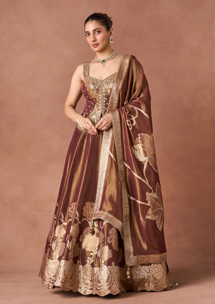 Twamev Women Chocolate Gold Print Lehenga