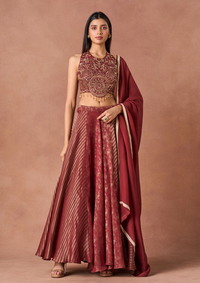 Twamev Women Maroon Beaded Halter Lehenga