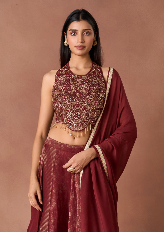 Twamev Women Maroon Beaded Halter Lehenga