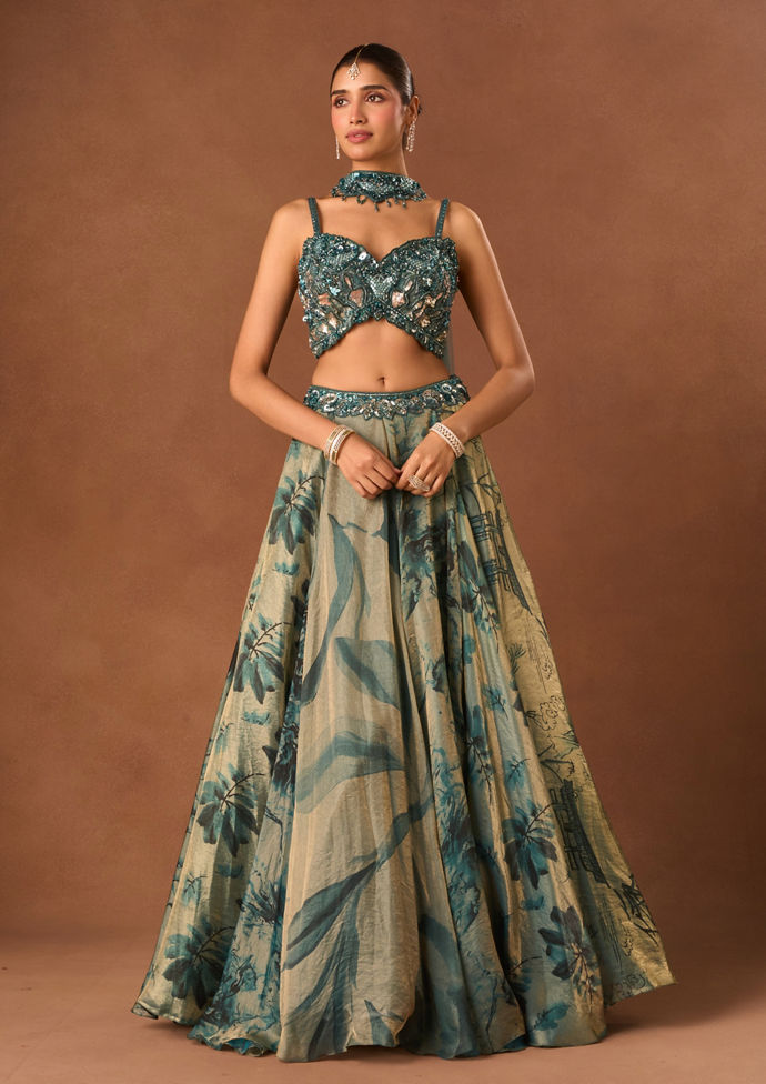 Twamev Women Light Blue Silk Lehenga with Embroidery