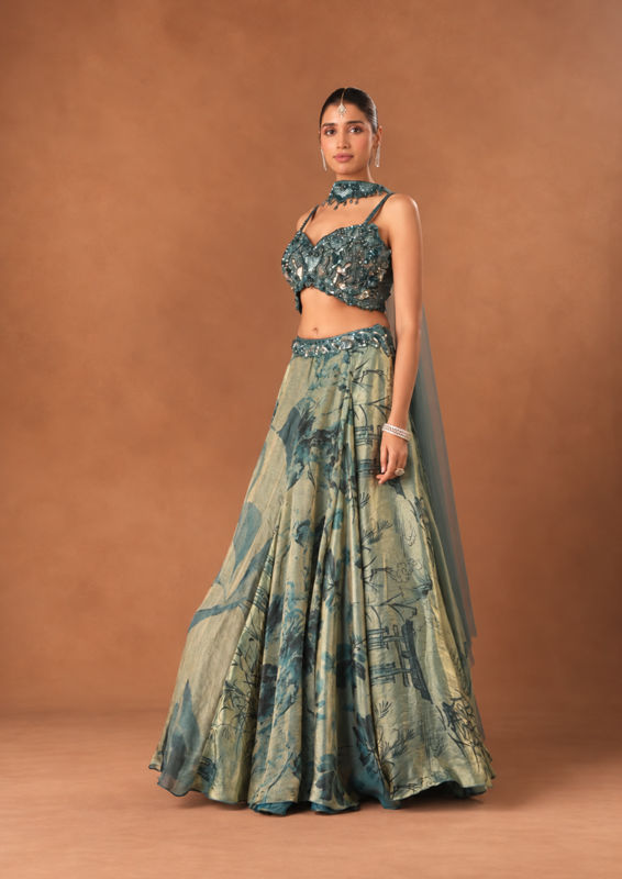 Twamev Women Light Blue Silk Lehenga with Embroidery