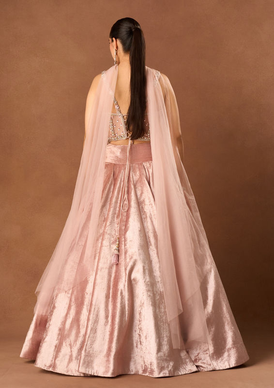 Twamev Women Light Pink Velvet Lehenga with Embroidery