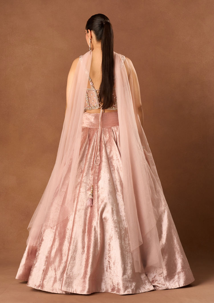 Twamev Women Light Pink Velvet Lehenga with Embroidery
