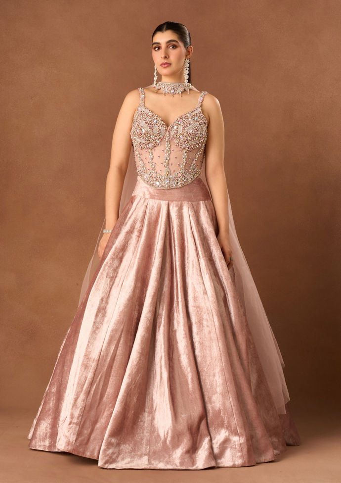 Twamev Women Light Pink Velvet Lehenga with Embroidery