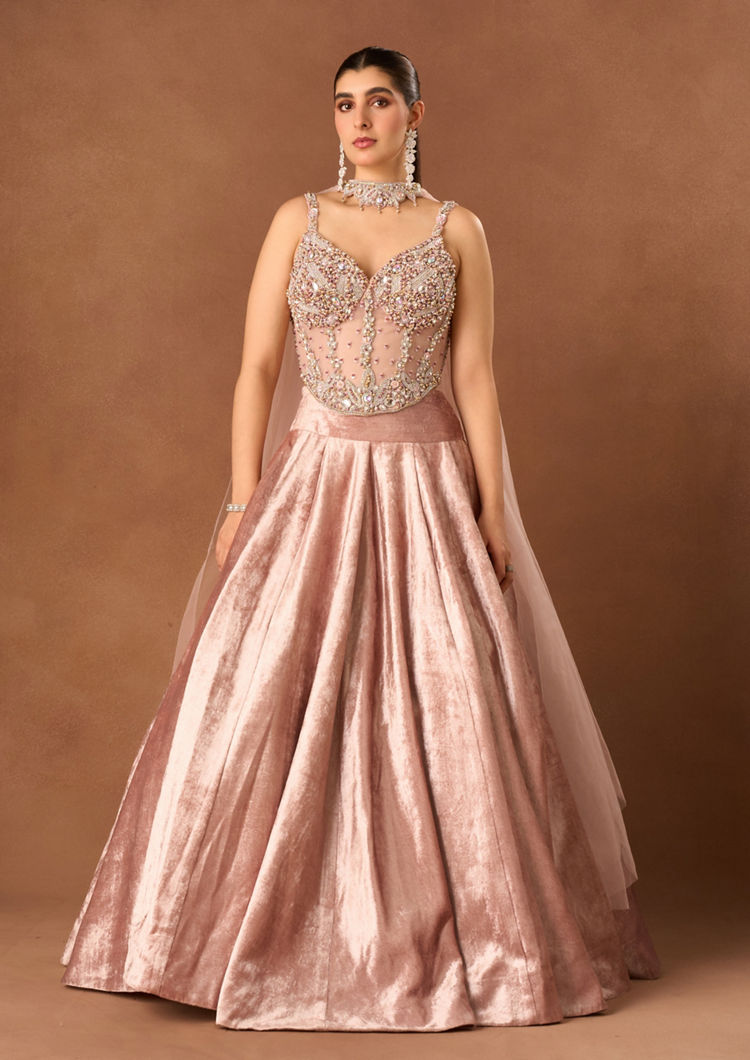 Twamev Women Light Pink Velvet Lehenga with Embroidery