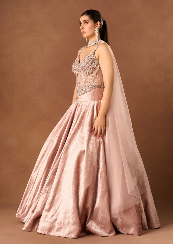 Twamev Women Light Pink Velvet Lehenga with Embroidery