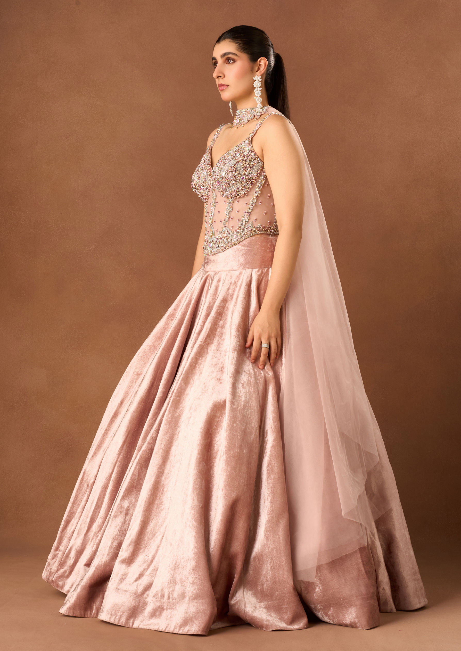 Twamev Women Light Pink Velvet Lehenga with Embroidery