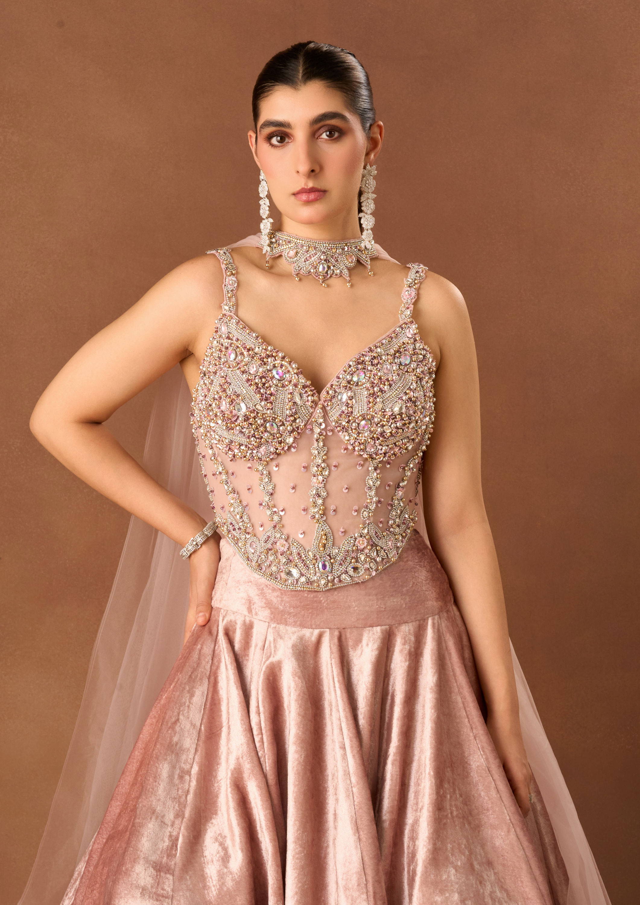 Twamev Women Light Pink Velvet Lehenga with Embroidery