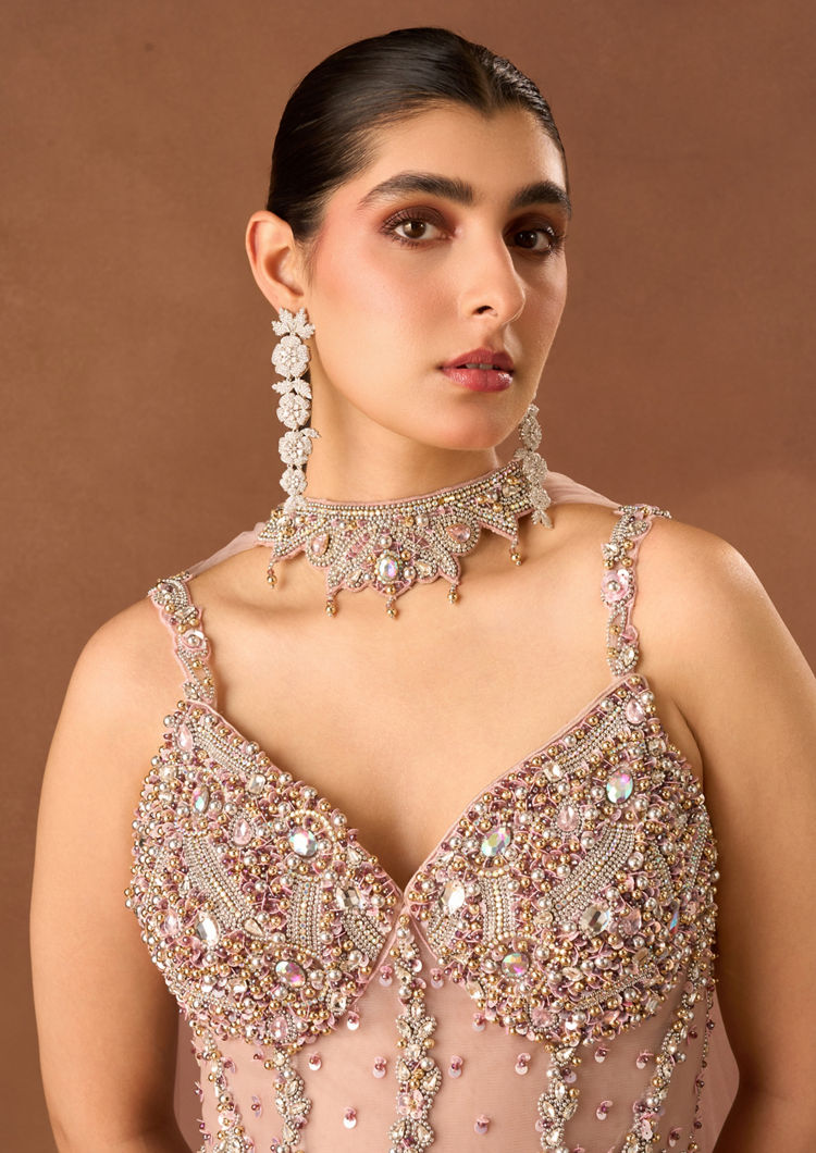 Twamev Women Light Pink Velvet Lehenga with Embroidery