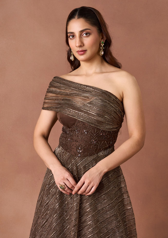 Twamev Women Brown Art Silk Lehenga Set