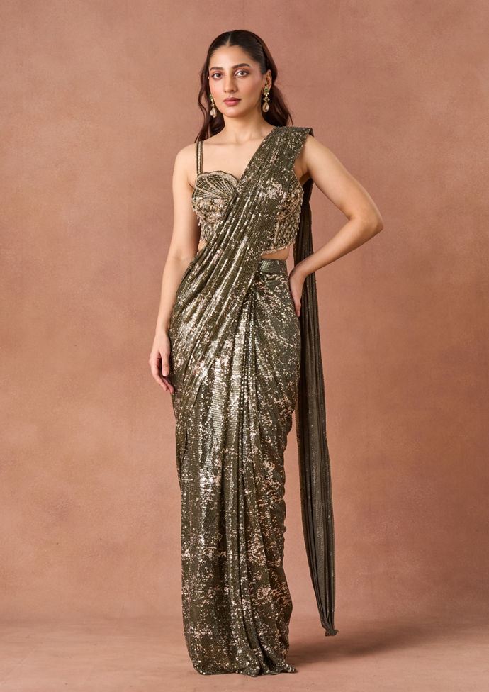 Twamev Women Metallic Mehendi Stitched Saree