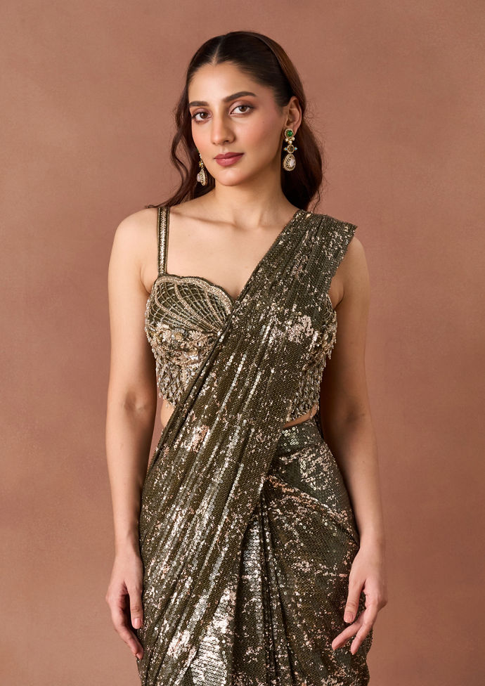 Twamev Women Metallic Mehendi Stitched Saree