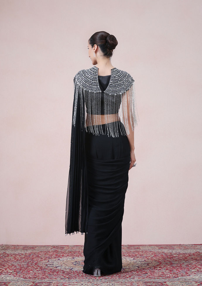 Twamev Women Boho Glamour in Black Georgette Indo Western Saree
