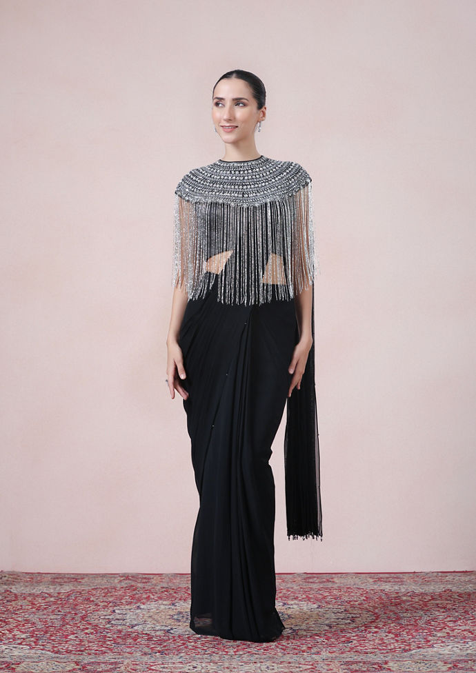 Twamev Women Boho Glamour in Black Georgette Indo Western Saree
