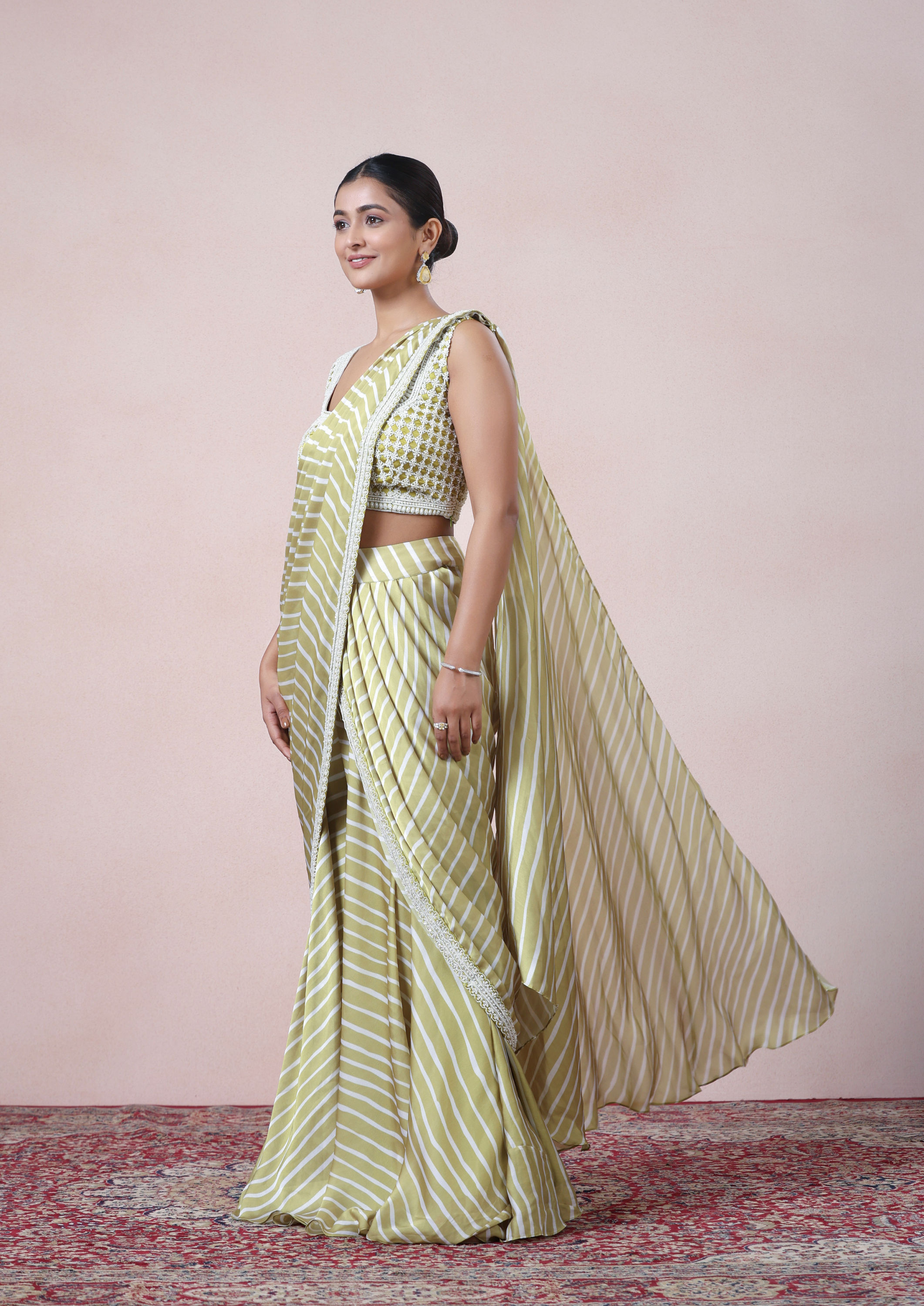 Twamev Women Chic Sophistication in Green Satin Indo Western Saree