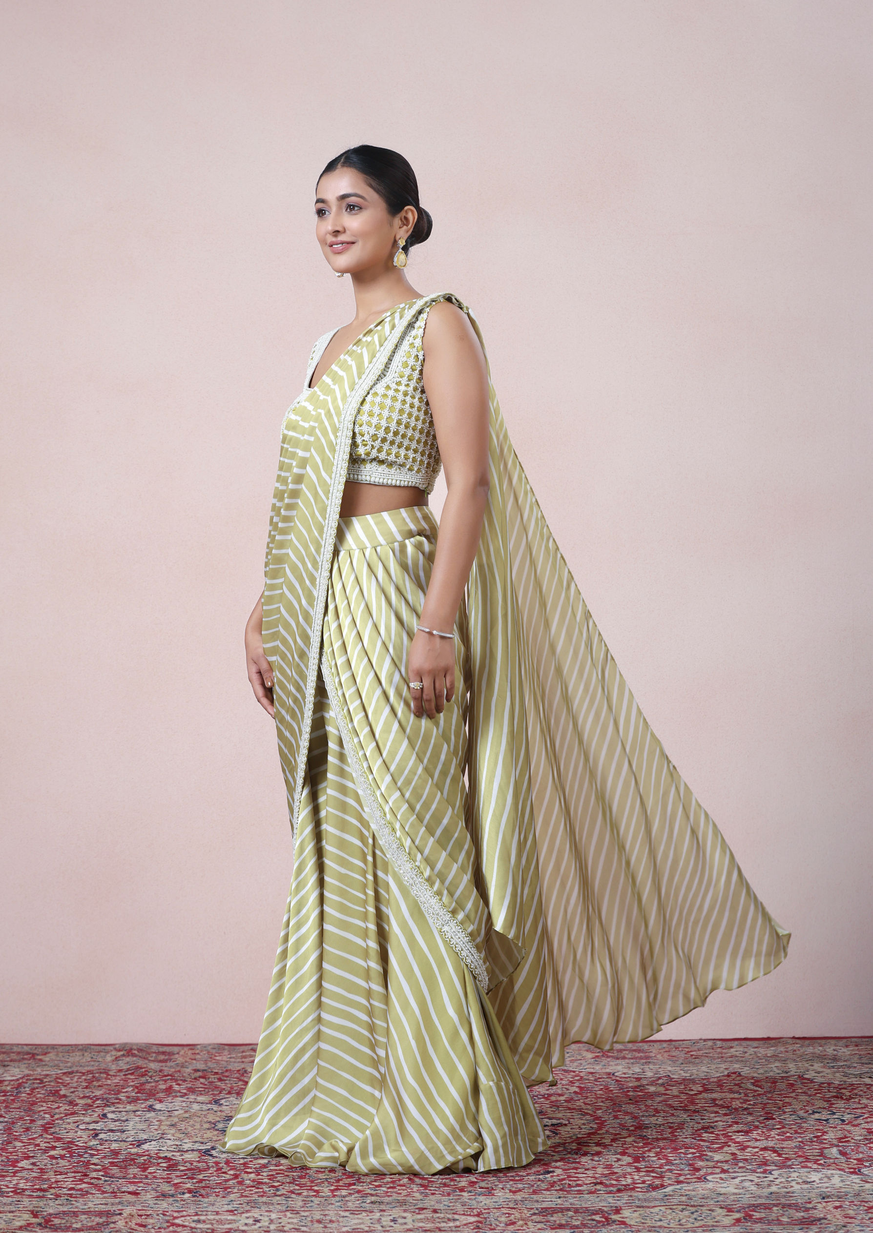 Twamev Women Chic Sophistication in Green Satin Indo Western Saree