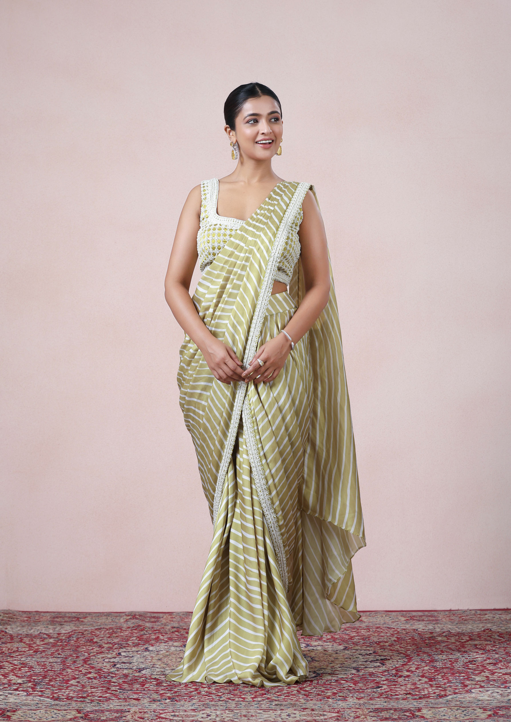 Twamev Women Chic Sophistication in Green Satin Indo Western Saree