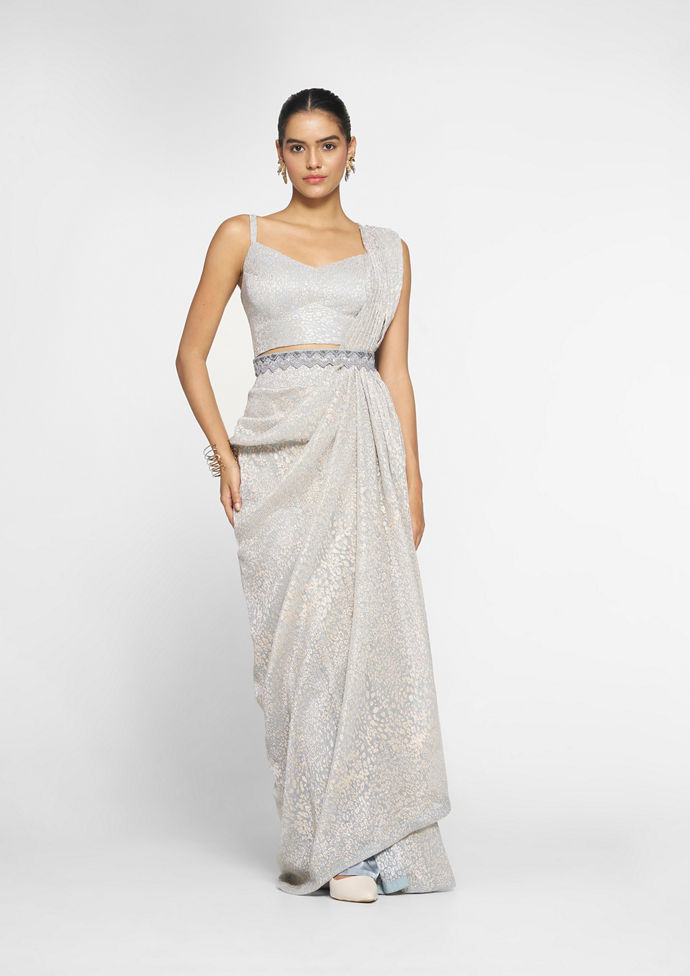 Twamev Women Grey Net Saree with Belt