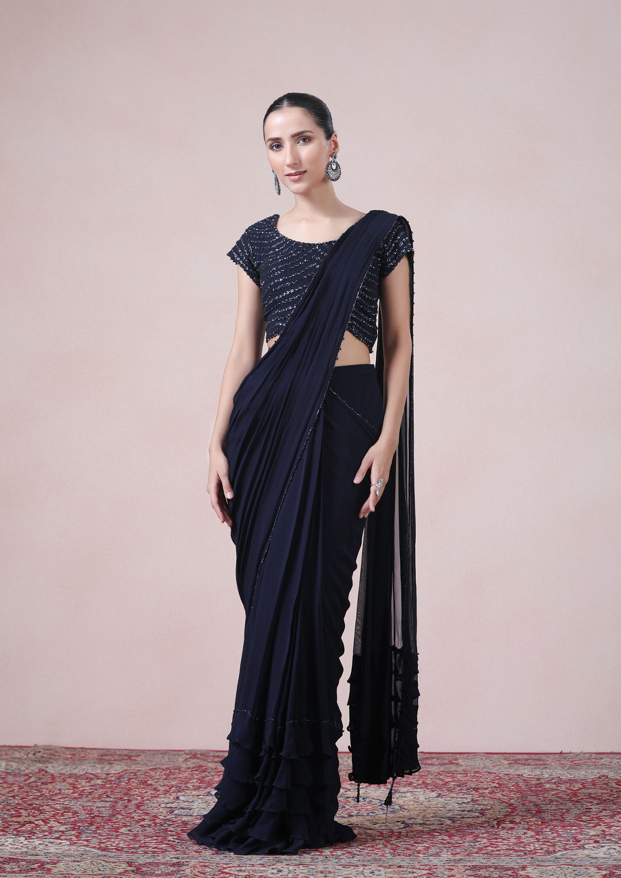 alt message - Twamev Women Midnight Elegance in Indigo Blue Georgette Saree image number 0