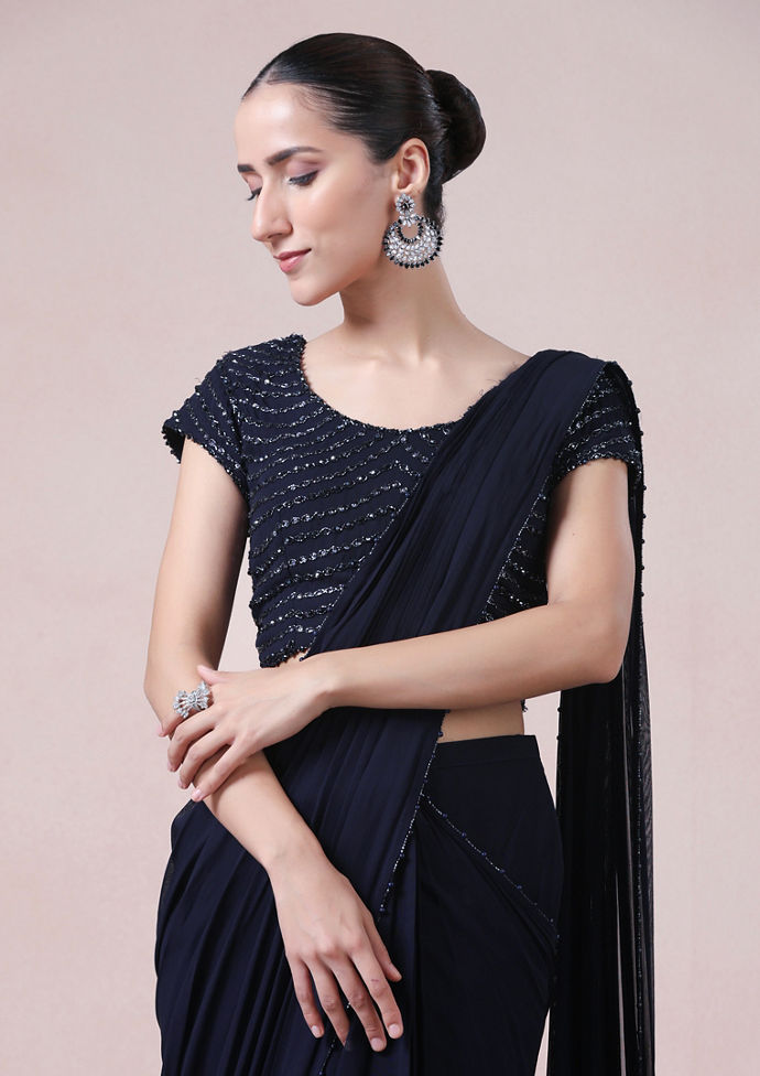 Twamev Women Midnight Elegance in Indigo Blue Georgette Saree