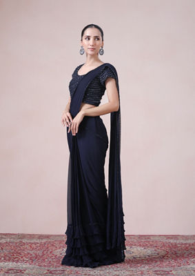 alt message - Twamev Women Midnight Elegance in Indigo Blue Georgette Saree image number 3