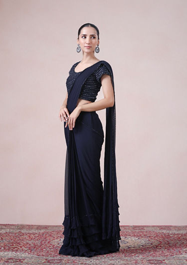 alt message - Twamev Women Midnight Elegance in Indigo Blue Georgette Saree image number 3