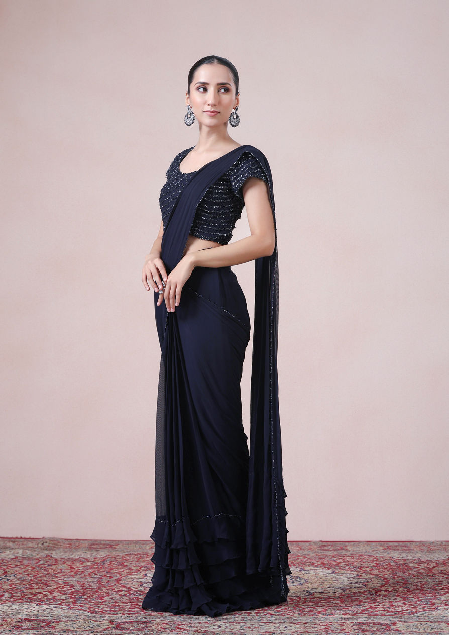 alt message - Twamev Women Midnight Elegance in Indigo Blue Georgette Saree image number 3