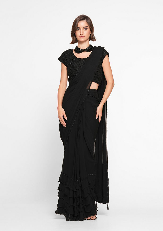 Twamev Women Black Elegance Georgette Saree image number 0