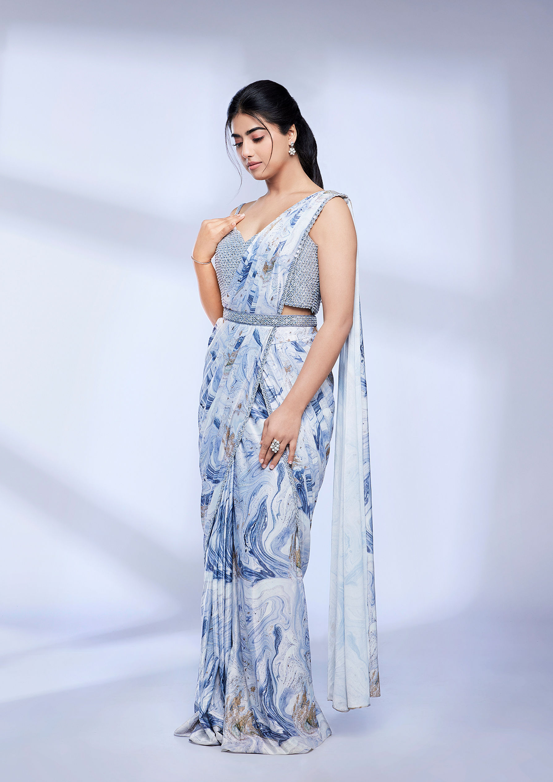 Twamev Women Grey Marble Printed Sequinned Draped Saree