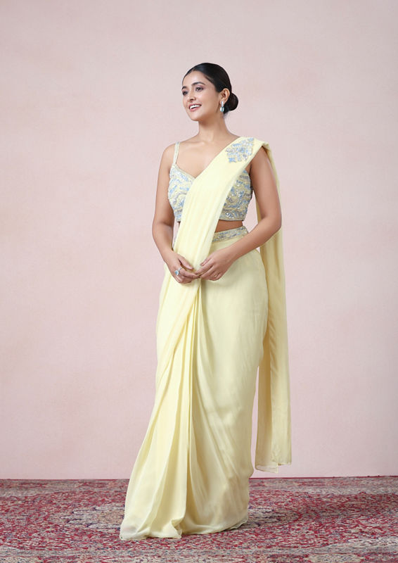 Twamev Women Luminous Yellow Georgette Saree image number 3