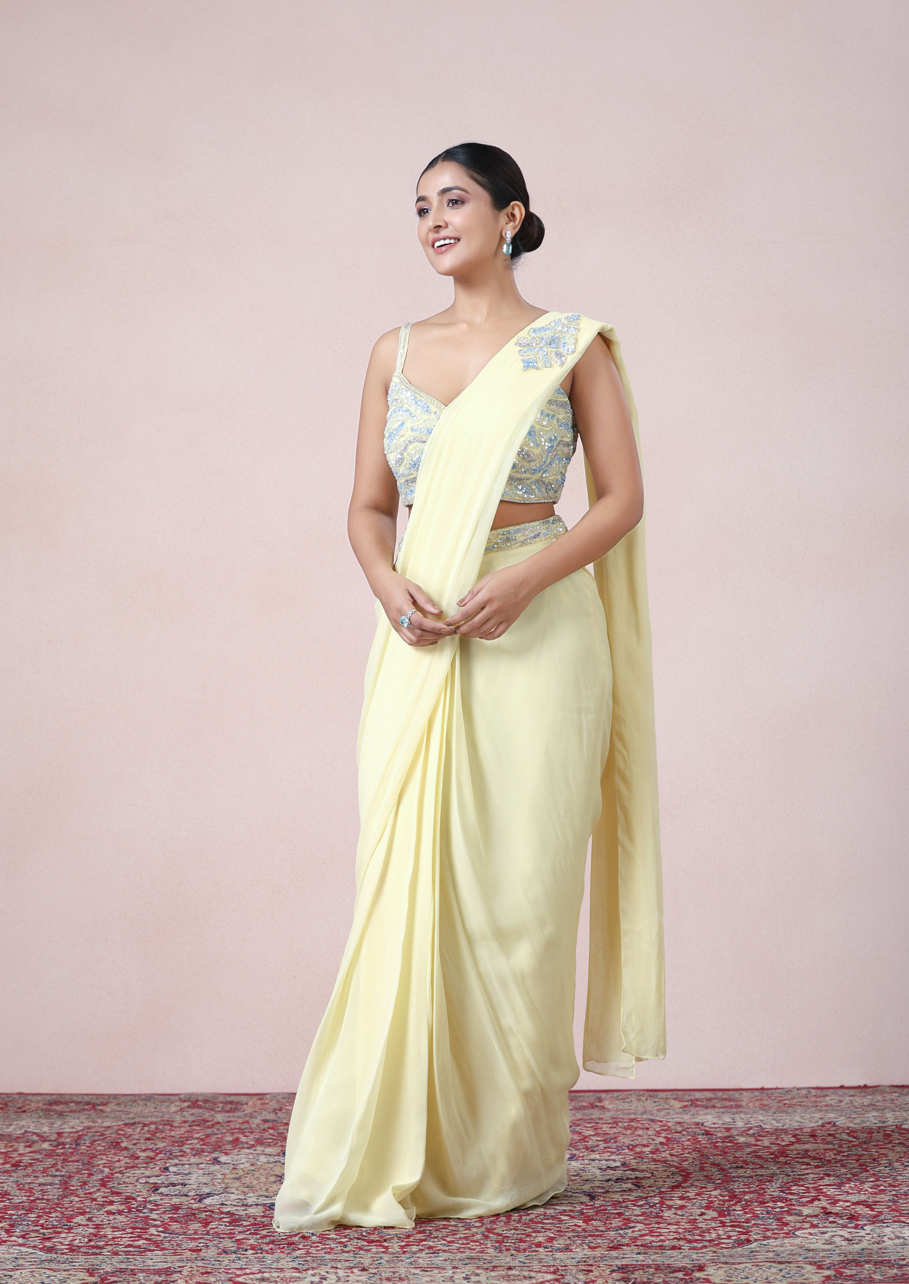 Twamev Women Luminous Yellow Georgette Saree