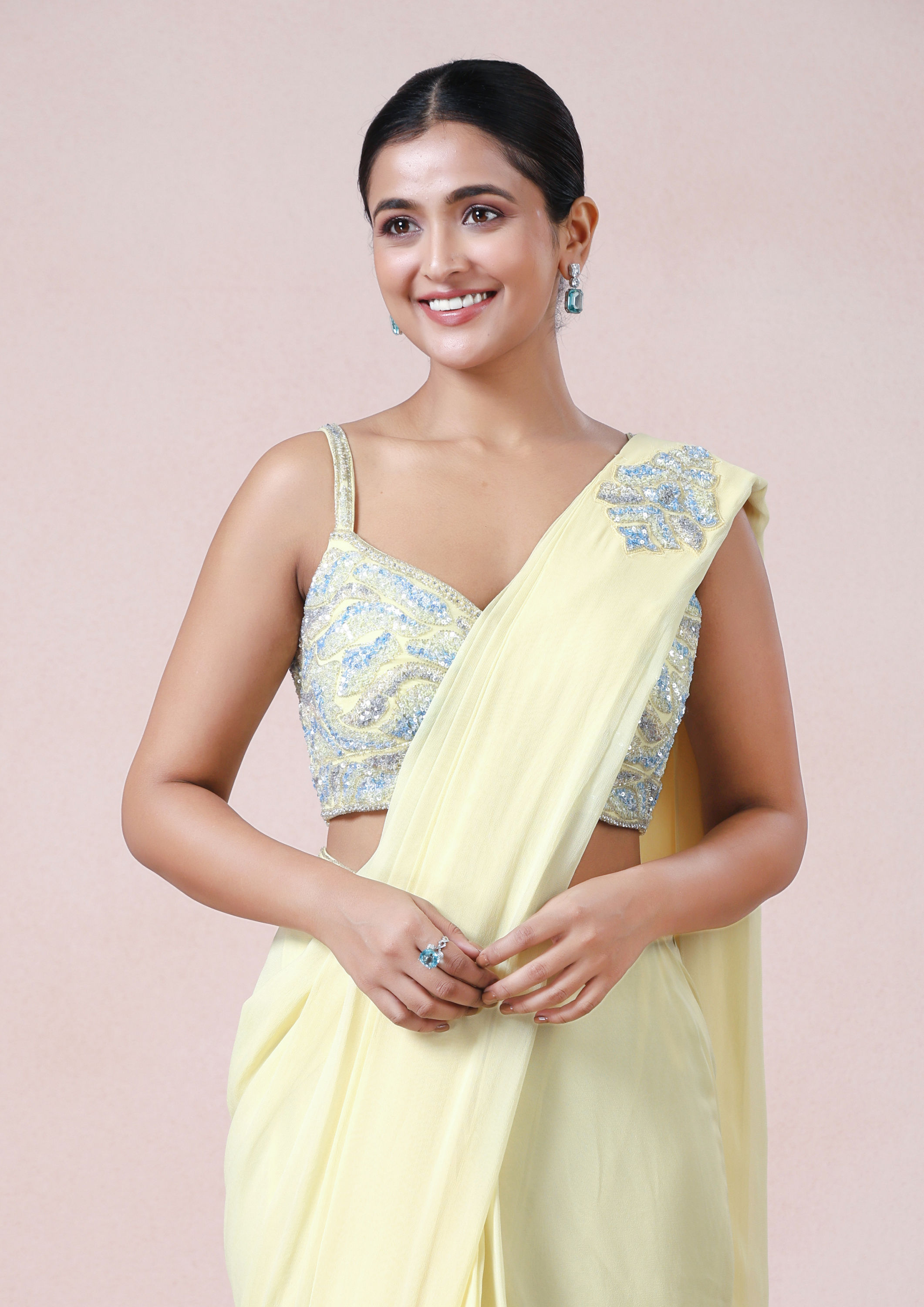 Twamev Women Luminous Yellow Georgette Saree