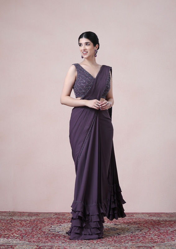 Twamev Women Royal Purple Georgette Saree image number 0