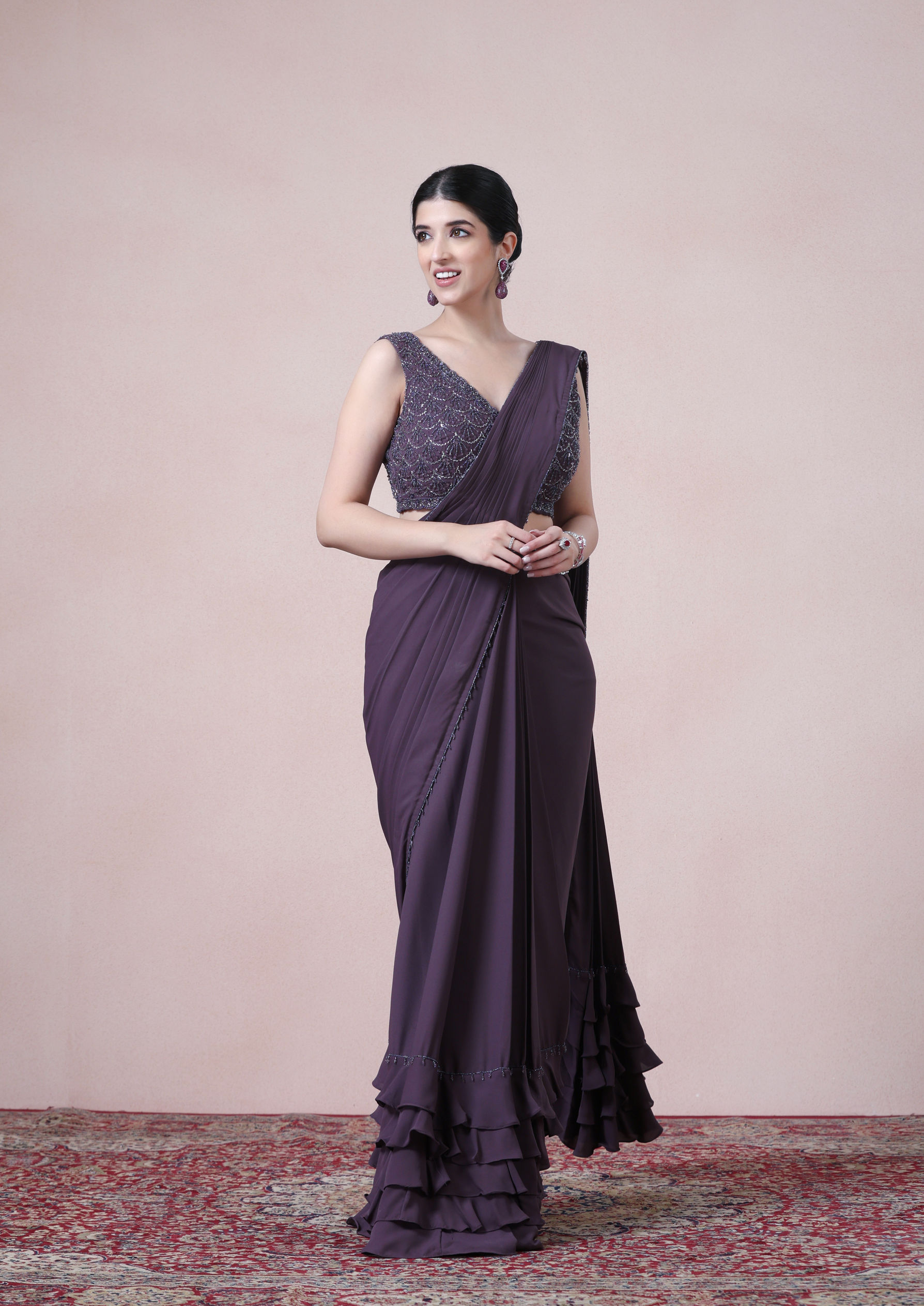 Twamev Women Royal Purple Georgette Saree