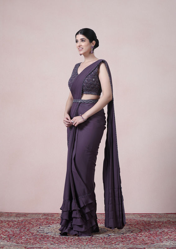 Twamev Women Royal Purple Georgette Saree image number 3