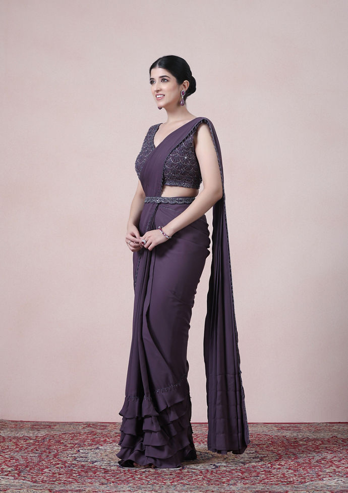 Twamev Women Royal Purple Georgette Saree