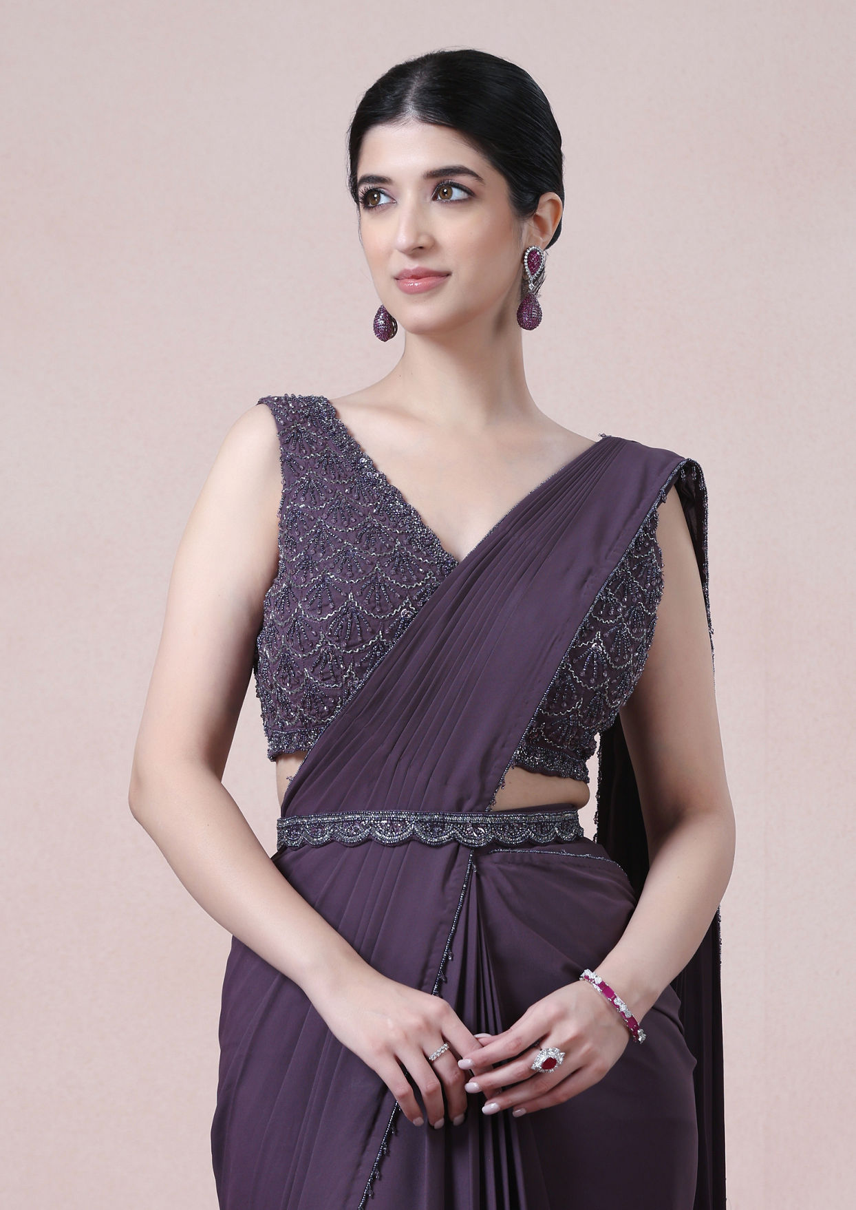 alt message - Twamev Women Royal Purple Georgette Saree image number 1