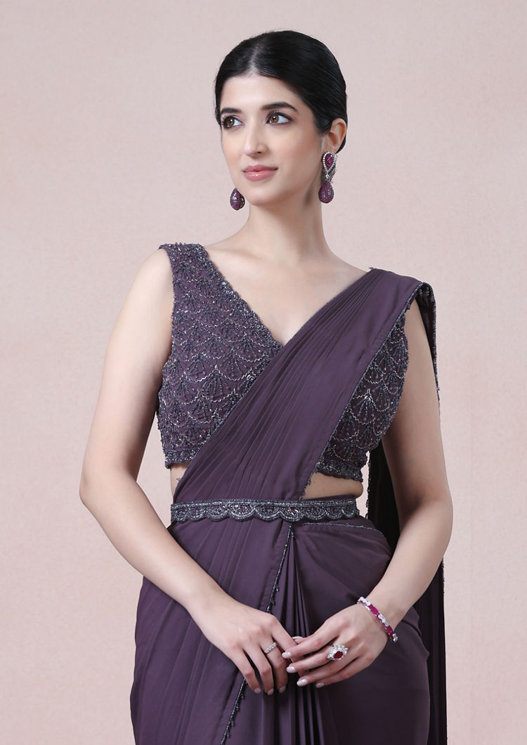 Twamev Women Royal Purple Georgette Saree image number 1