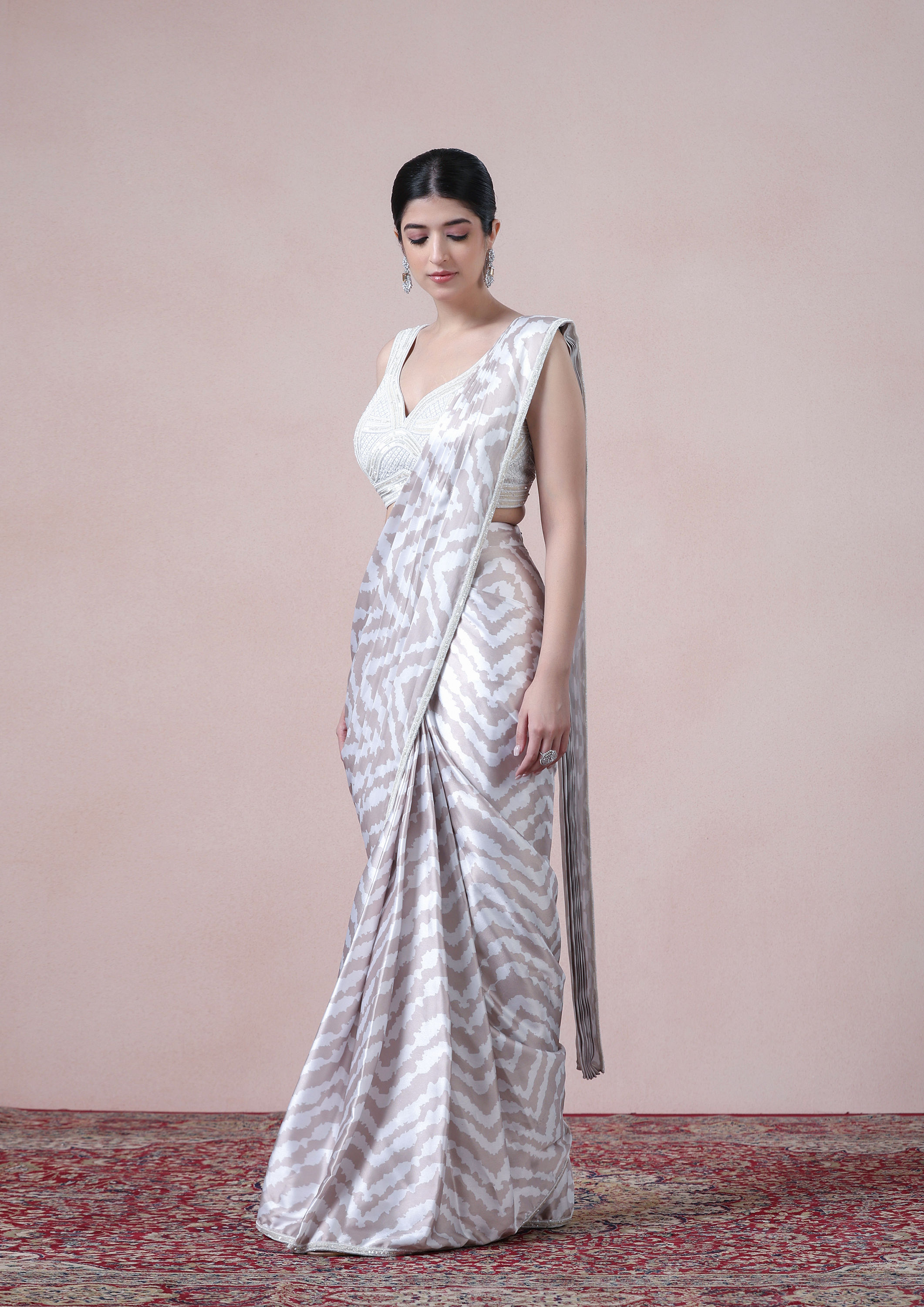 Twamev Women Beige White Satin Saree Splendor