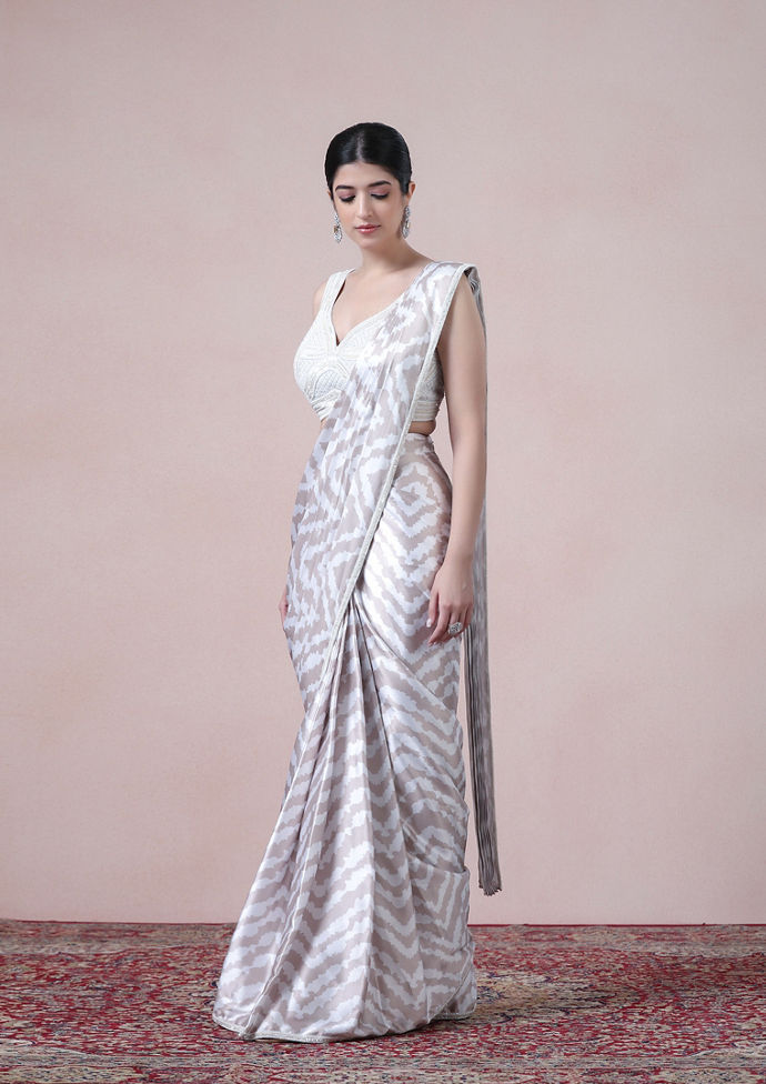 Twamev Women Beige White Satin Saree Splendor