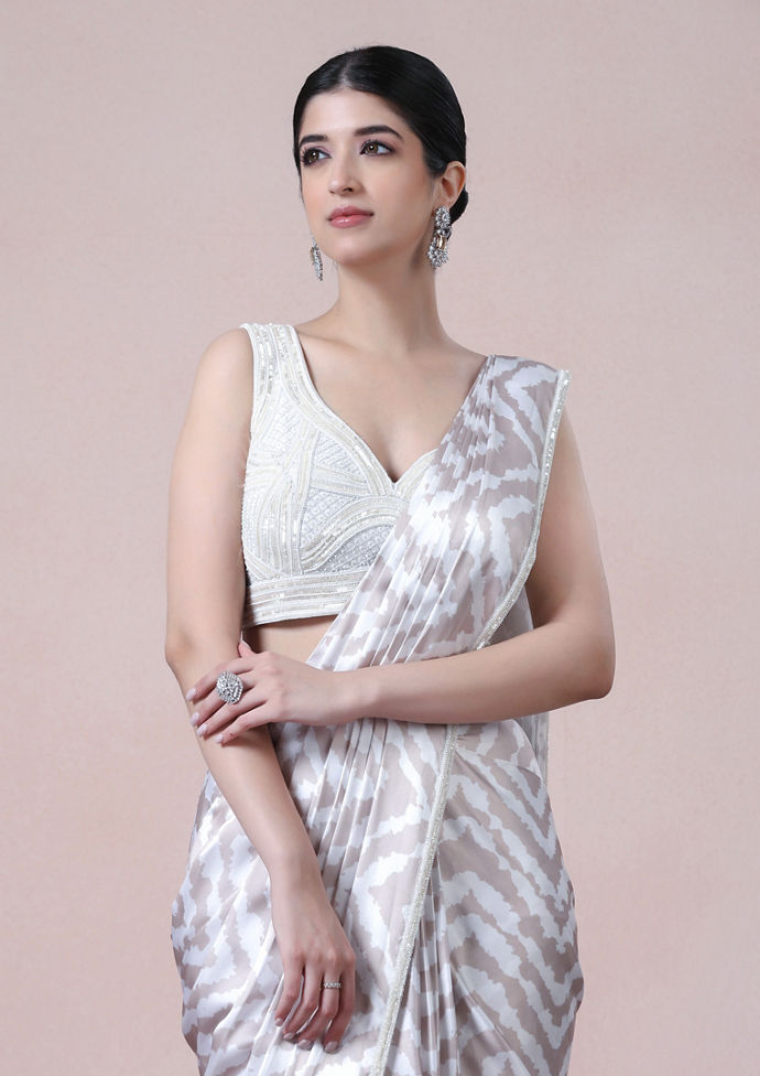 Twamev Women Beige White Satin Saree Splendor
