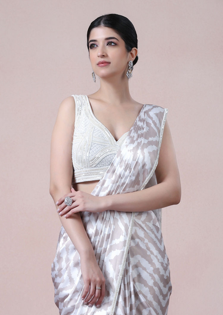 Twamev Women Beige White Satin Saree Splendor