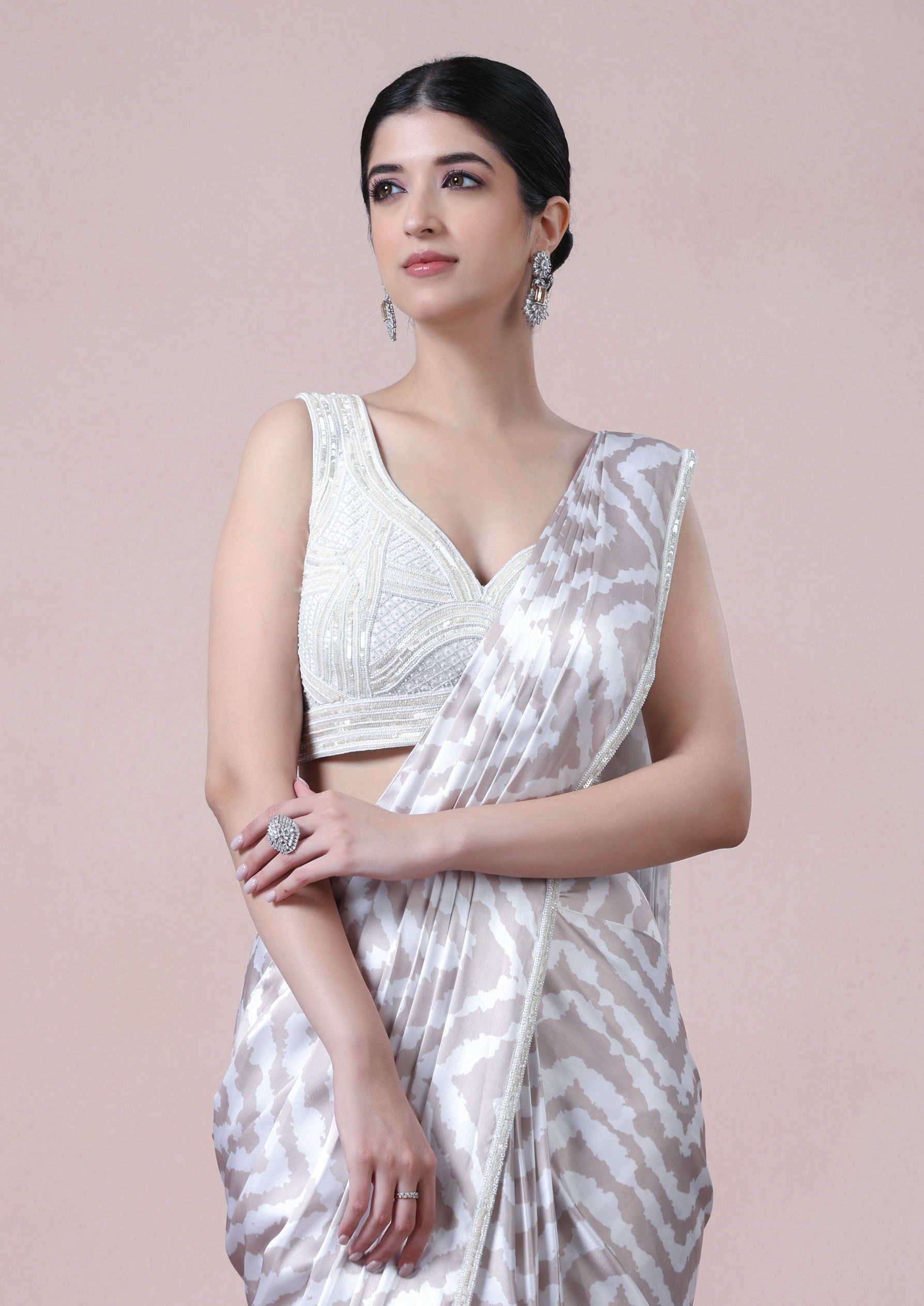 Twamev Women Beige White Satin Saree Splendor