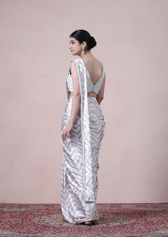 Twamev Women Beige White Satin Saree Splendor