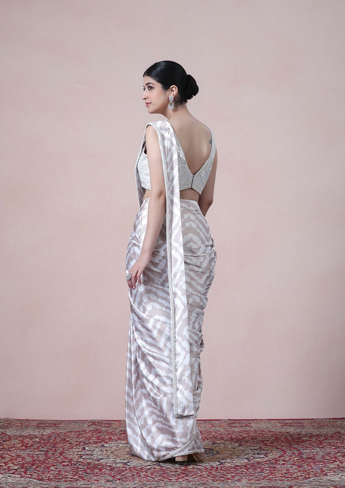 Twamev Women Beige White Satin Saree Splendor