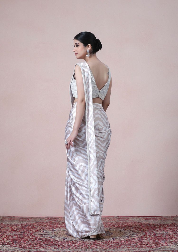 Twamev Women Beige White Satin Saree Splendor