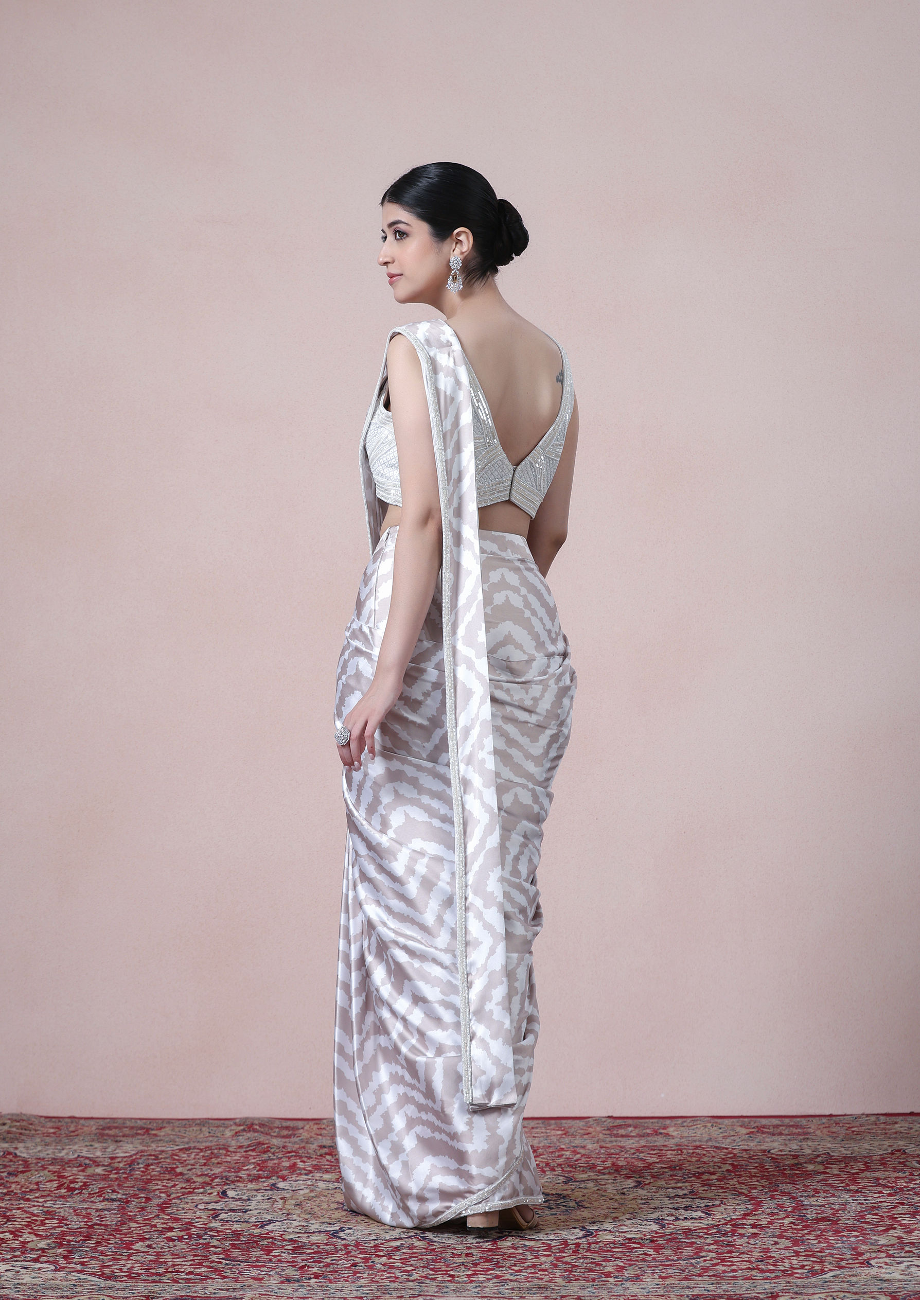 Twamev Women Beige White Satin Saree Splendor