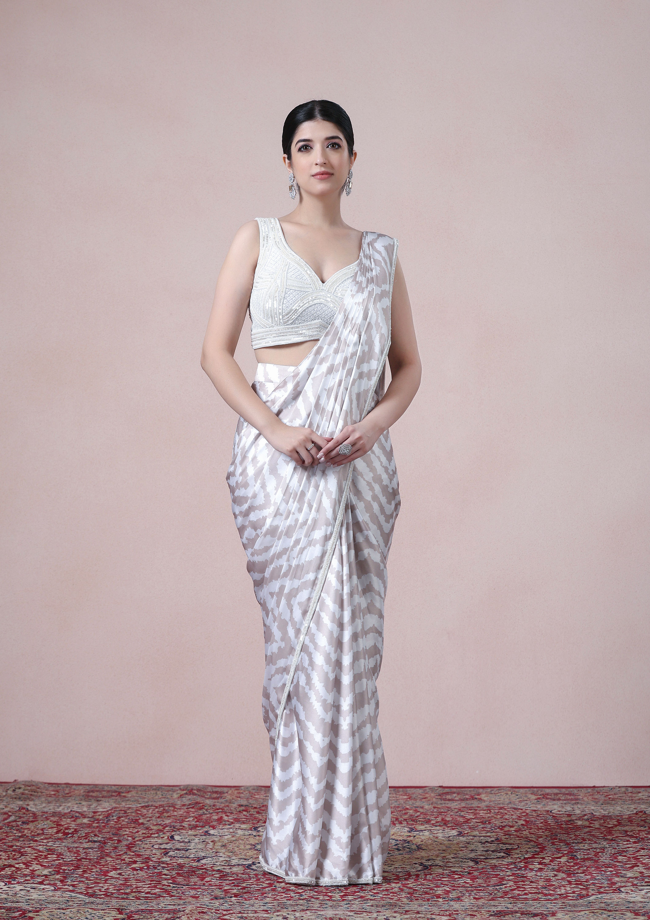 Twamev Women Beige White Satin Saree Splendor