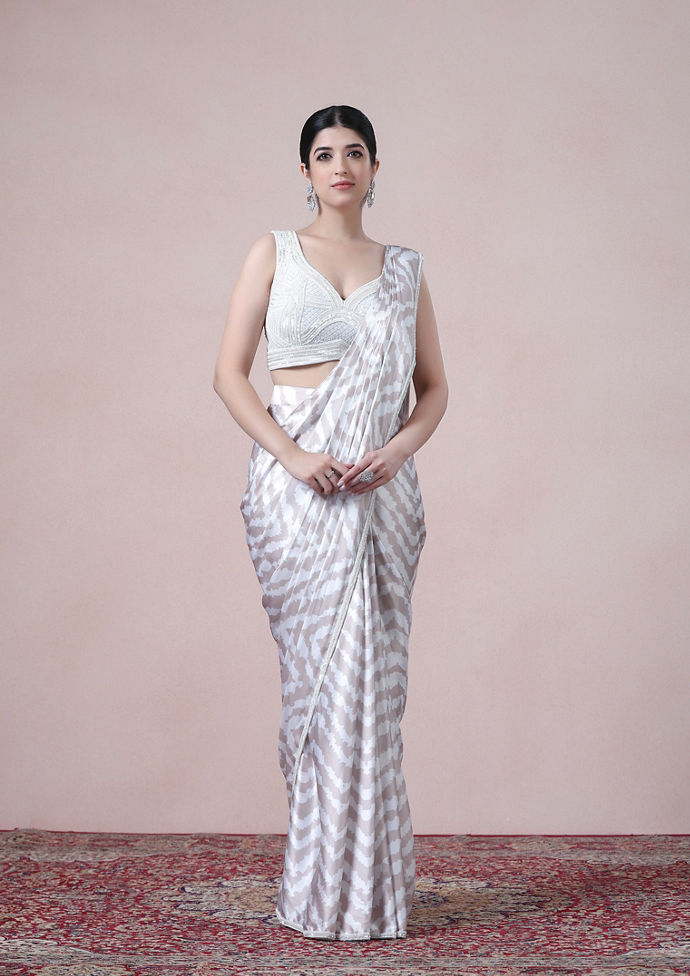 Twamev Women Beige White Satin Saree Splendor