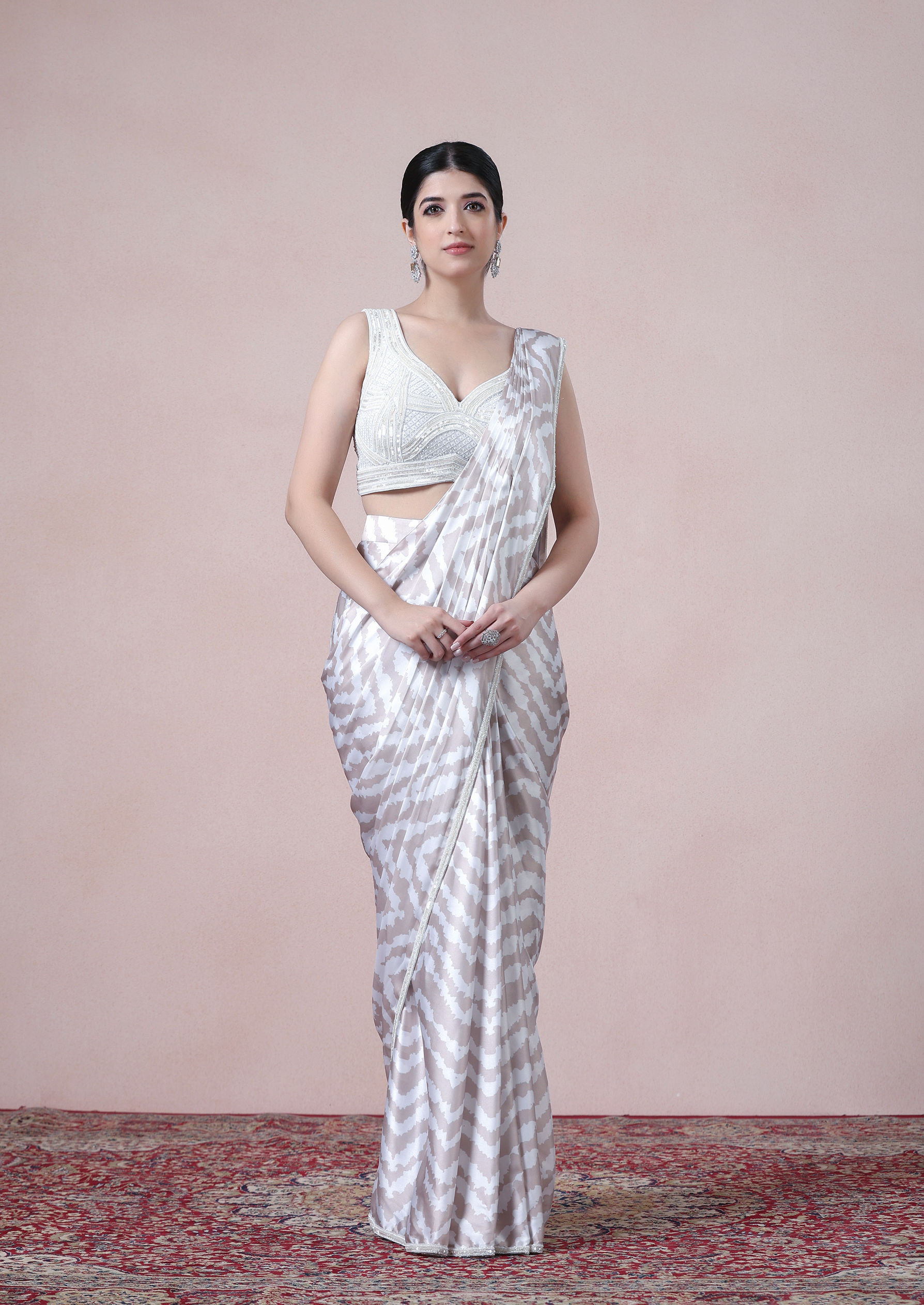 Twamev Women Beige White Satin Saree Splendor
